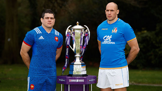 France and Italy captains next to Six Nations trophy