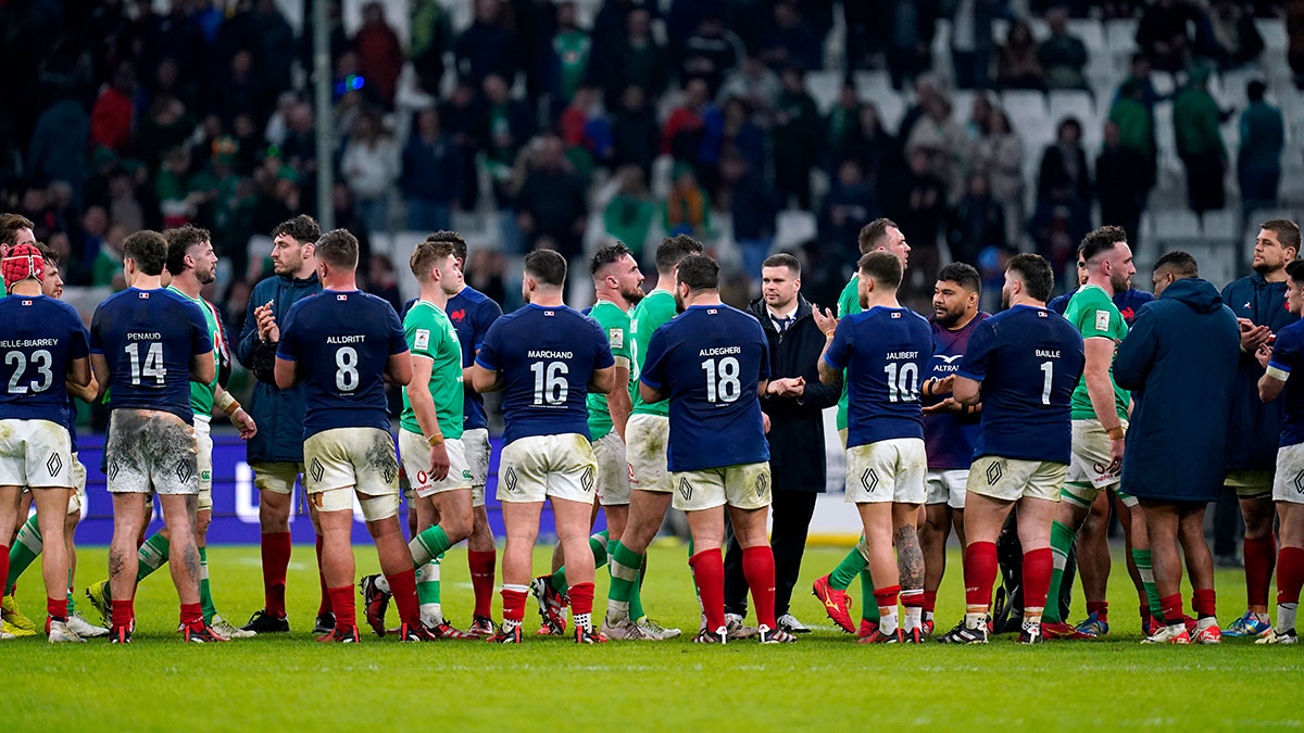 France players applaud the Ireland players after match in 2024 Six Nations 
