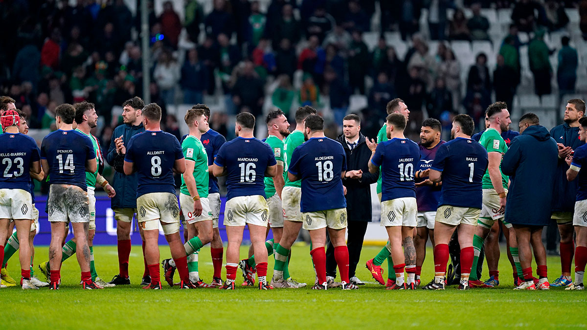 France players applaud the Ireland players after match in 2024 Six Nations