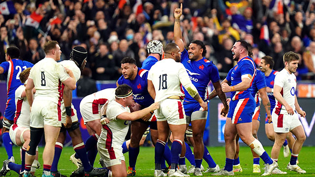 France players celebrate Grand Slam victory over England in 2022 Six Nations