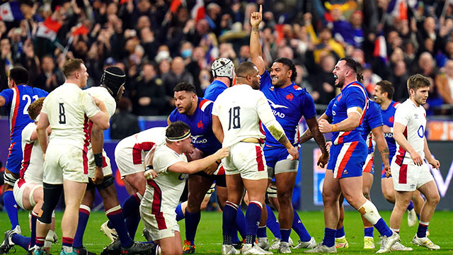 France players celebrate Grand Slam victory over England in 2022 Six Nations