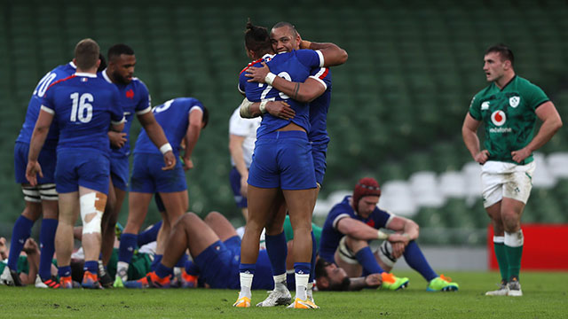 France players celebrate beating Ireland in 2021 Six Nations