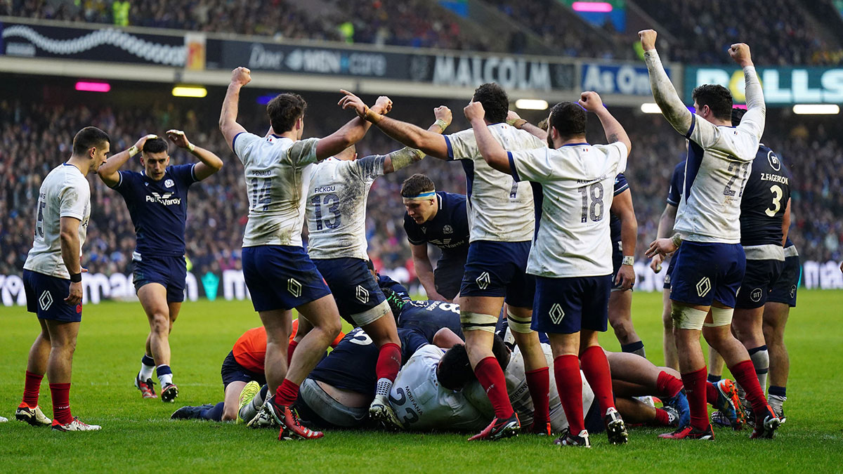 France players celebrate in Scotland match during 2024 Six Nations