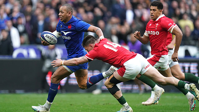 Gael Fickou scroes a try for France v Wales in 2023 Six Nations