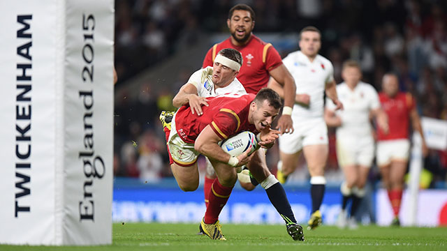 Gareth Davies dives in to score a try against England in Rugby World Cup