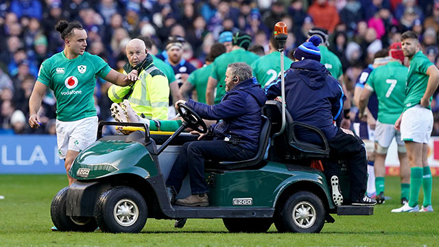 Garry Ringrose is stretchered off the field during Scotland v Ireland match in 2023 Six Nations