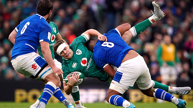 Garry Ringrose is tackled during the Ireland v Italy match in 2022 Six Nations