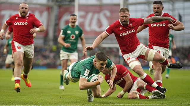 Garry Ringrose scores a try for Ireland v Wales in 2022 Six Nations