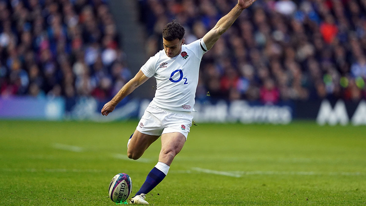 George Ford kicks ball during Scotland v England match in 2024 Six Nations