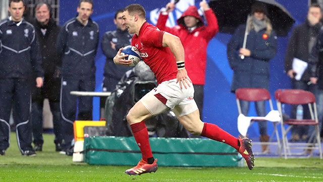 George North intercepts a pass and scores for Wales v France