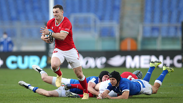 George North runs clear to score a try for Wales against italy in 2021 Six Nations