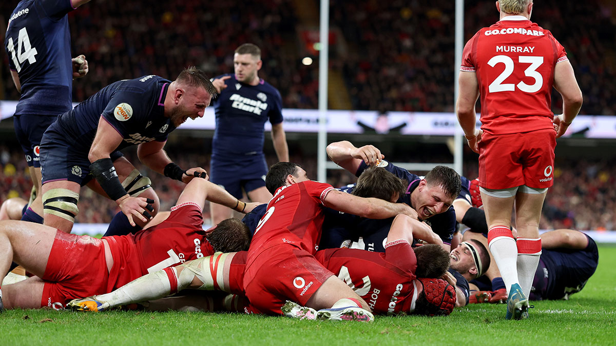 George Turner scores a try for Scotland against Wales during 2026 Six Nations