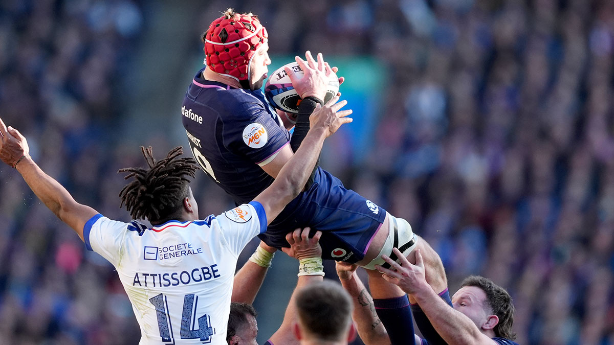 Grant Gilchrist secures a high ball during Scotland v France match in 2026 Six Nations