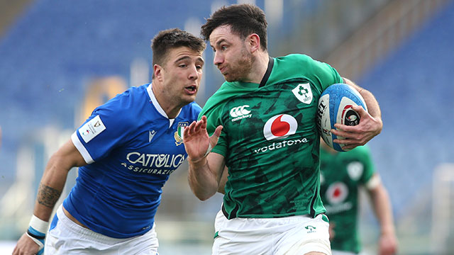 Hugo Keenan breaks away to score a try for Ireland against Italy in 2021 Six Nations