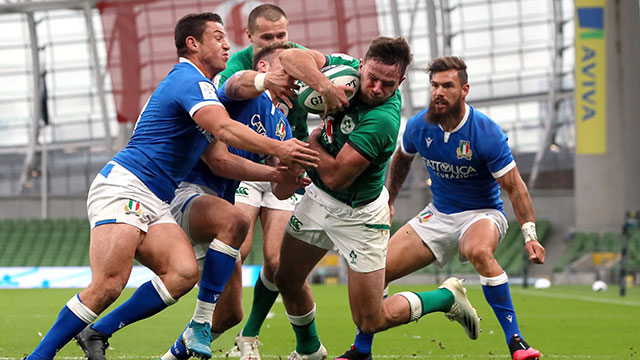Hugo Keenan scores the first of his two tries for Ireland v Italy in 2020 Six Nations