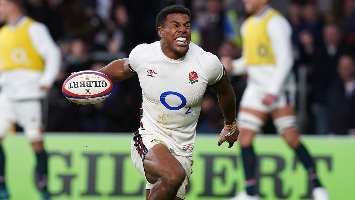 Immanuel Feyi-Waboso.celebrates a try for England v New Zealand in 2024 Autumn Internationals