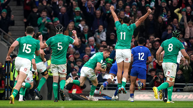 Ireland celebrate Garry Ringrose try against France in 2023 Six Nations