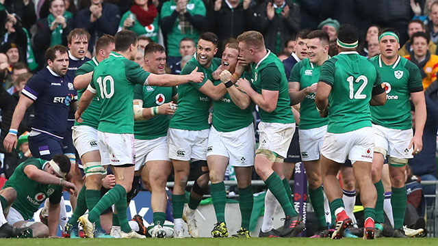Ireland celebrate Sean Cronin's bonus point clinching try against Scotland