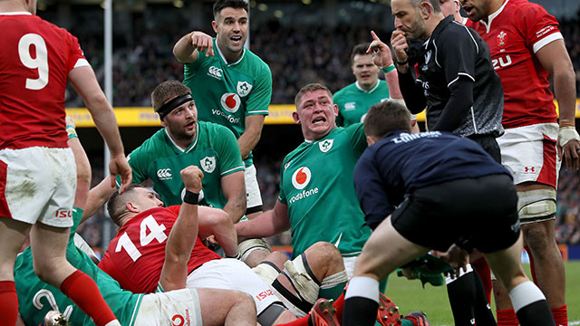 Ireland celebrate their third try against Wales in 2020 Six Nations