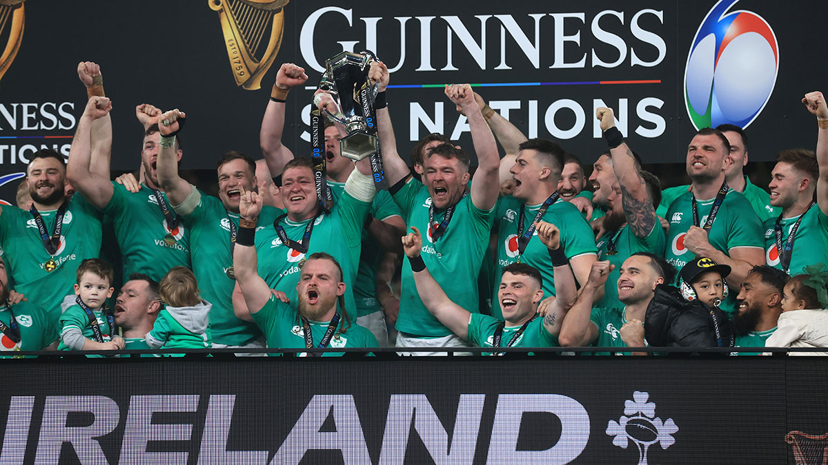 Ireland celebrate winning 2024 Six Nations by lifting the trophy