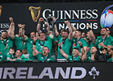 Ireland celebrate winning 2024 Six Nations by lifting the trophy