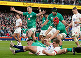 Ireland players celebrate Dan Sheehan try against England in 2023 Six Nations