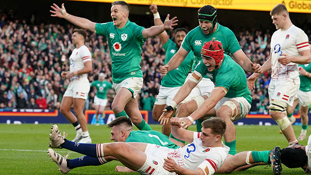 Ireland players celebrate Dan Sheehan try against England in 2023 Six Nations
