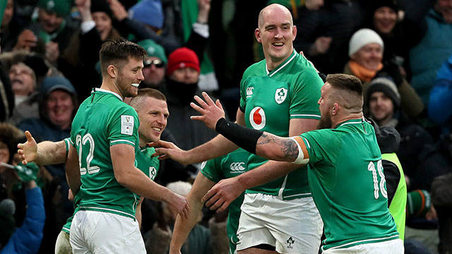 Ireland players celebrate scoring a try against Wales in 2020 Six Nations