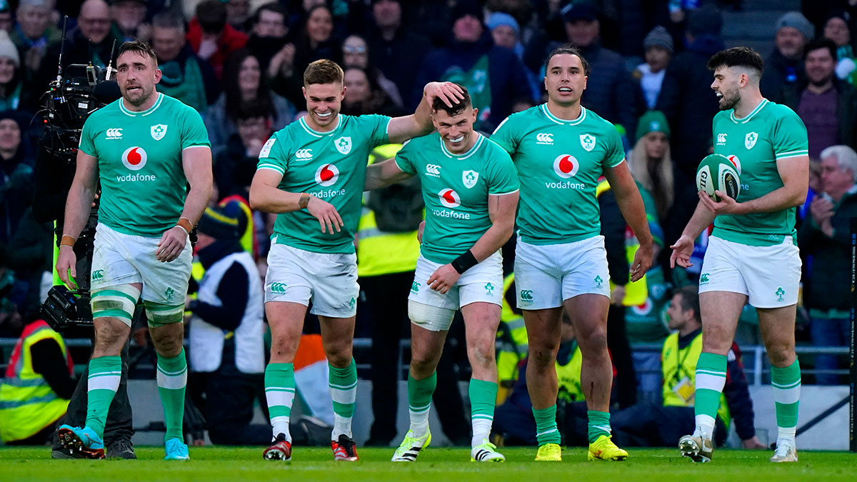 Ireland players celebrate try against Italy in 2024 Six Nations