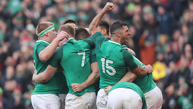 Ireland players celebratre try against Wales in Six Nations