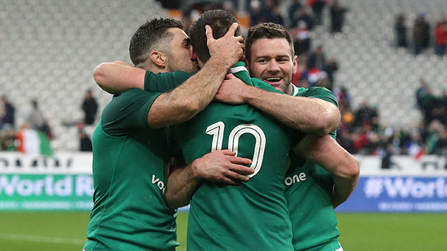 Ireland players leapt on Johnny Sexton to celebrate their last gasp win over France