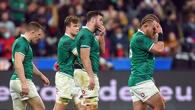 Ireland players look dejected after losing to France in 2022 Six Nations