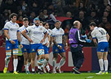 Italy players celebrate try against France in 2024 Six Nations