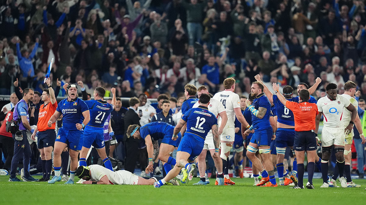 Italy players celebrate victory over England during 2026 Six Nations