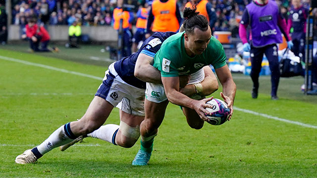James Lowe scores a try for Ireland against Scotland in 2023 Six Nations