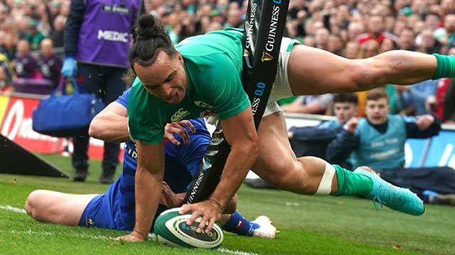 James Lowe scores a try for Ireland v France during 2023 Six Nations
