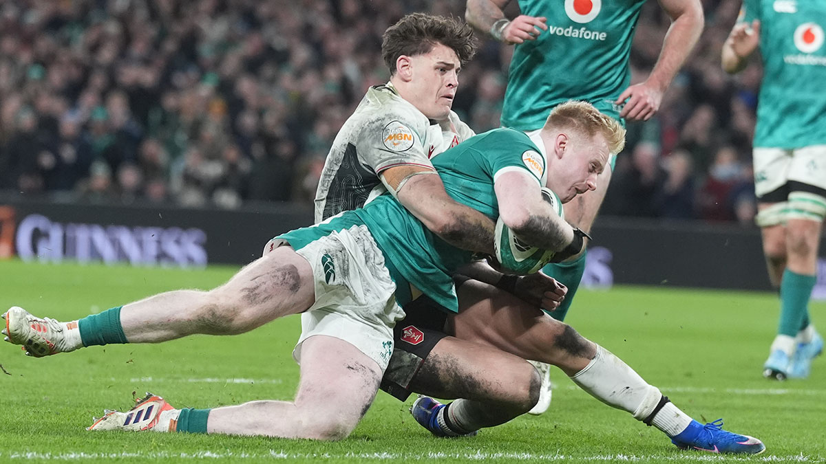 Jamie Osborne scores a try for Ireland v Wales during 2026 Six Nations