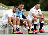 Joe Cokanasiga, Manu Tuilagi and Ben Te'o during a training session before England v Italy match in 2019 Six Nations