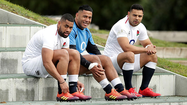 Joe Cokanasiga, Manu Tuilagi and Ben Te'o during a training session before England v Italy match in 2019 Six Nations