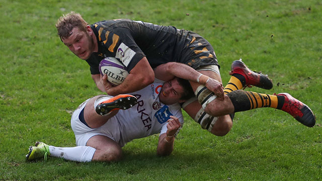 Joe Launchbury in action for Wasps during the Challenge Cup clash with Bourdeau Begles