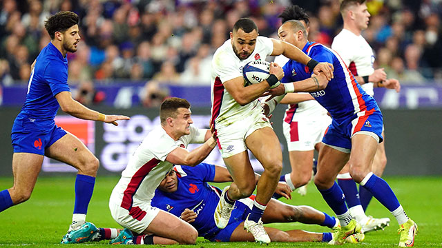 Joe Marchant in action for England against France during 2022 Six Nations