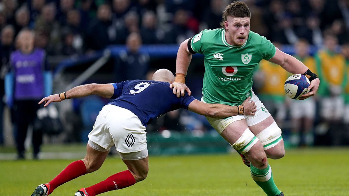 Joe McCarthy in action for Ireland against France during 2024 Six Nations