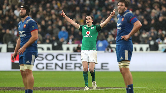 Johnny Sexton celebrates his monster drop goal against France