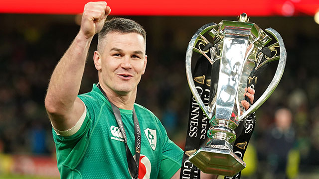 Johnny Sexton holds the trophy after Irelands Grand Slam victory over England in 2023 Six Nations