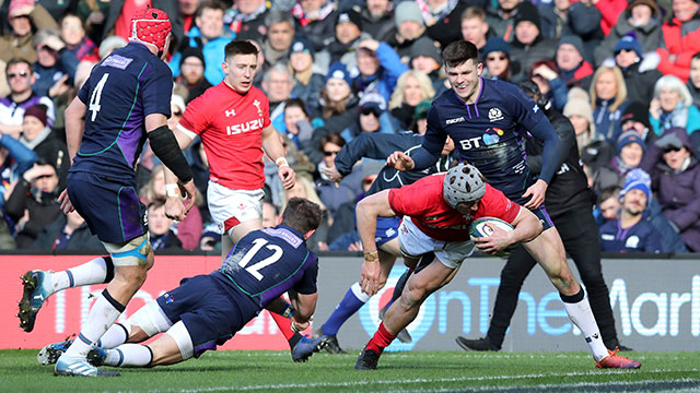 Jonathan Davies dives in to score Wales' second try against Scotland in 2019 Six Nations