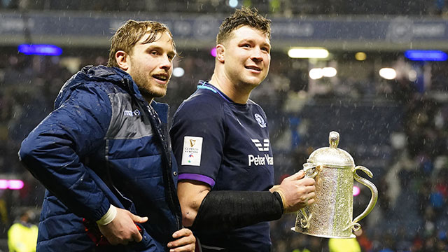 Jonny Gray and Grant Gilchrist hold Calcutta Cup after beating England in 2022 Six Nations