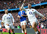 Jonny May celebrates scoring England's first try against France in 2019 Six Nations