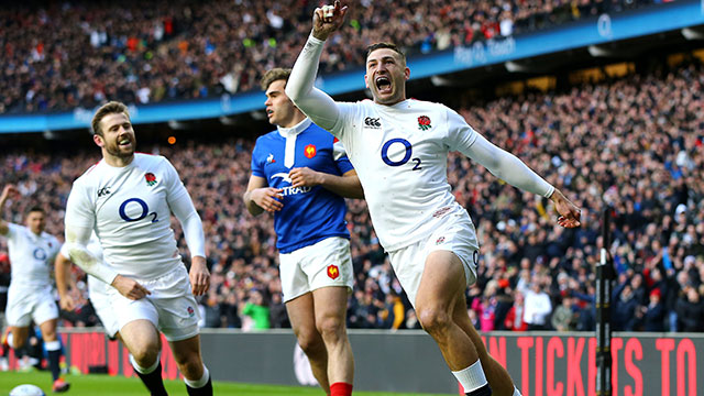 Jonny May celebrates scoring England's first try against France in 2019 Six Nations