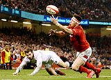 Josh Adams juggles the ball before scoring against England in 2019 Six Nations