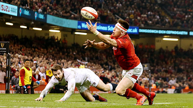 Josh Adams juggles the ball before scoring against England in 2019 Six Nations